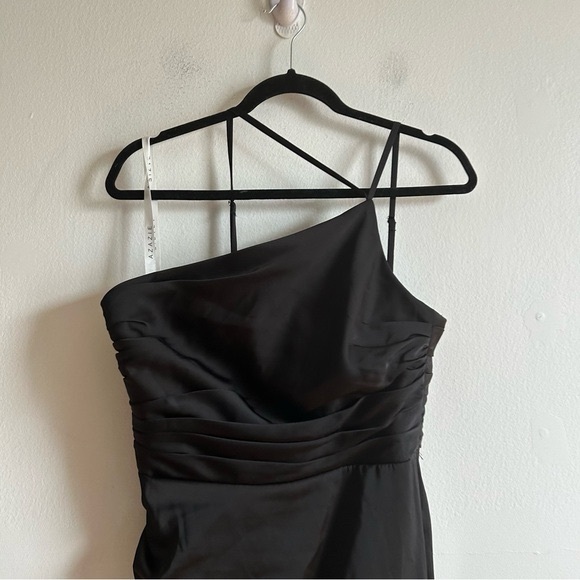 Azazie Sz 12 Eren Elegant One Shoulder Satin Black Maxi Wedding Gown Dress - Picture 5 of 14